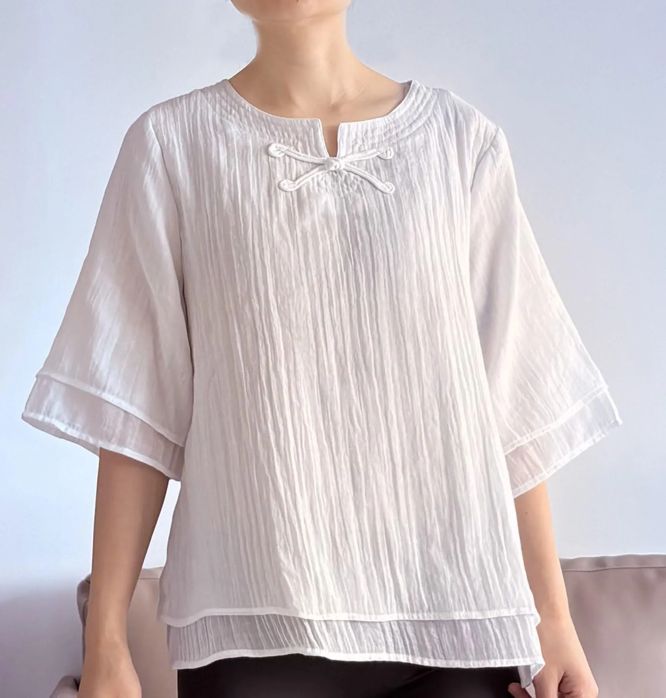 Minibee Women's Cotton Linen Shirts Summer 3/4 Length Sleeve Tops Chinese Frog Casual Blouse