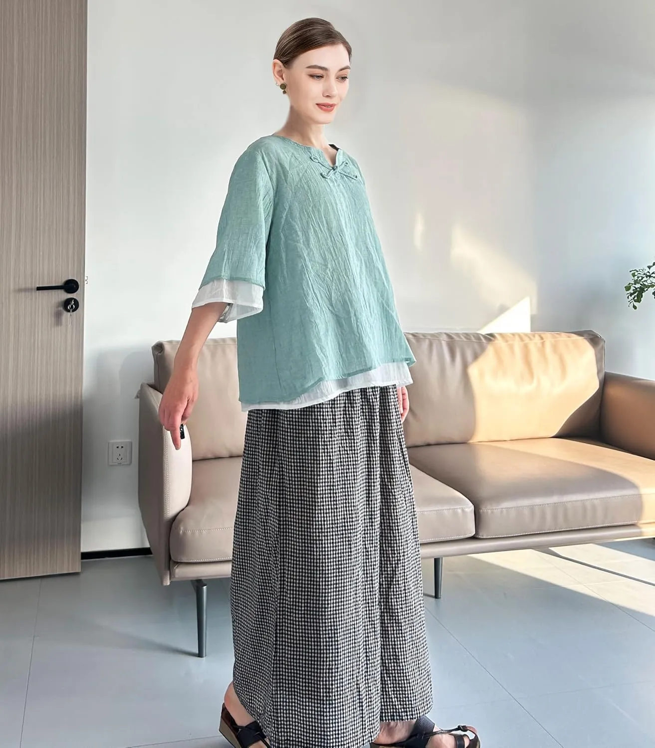 Minibee Women's Cotton Linen Shirts Summer 3/4 Length Sleeve Tops Chinese Frog Casual Blouse