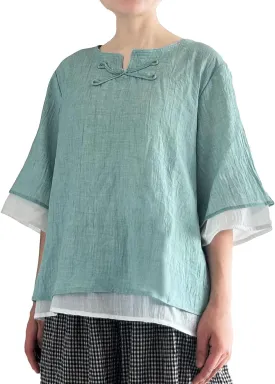 Minibee Women's Cotton Linen Shirts Summer 3/4 Length Sleeve Tops Chinese Frog Casual Blouse