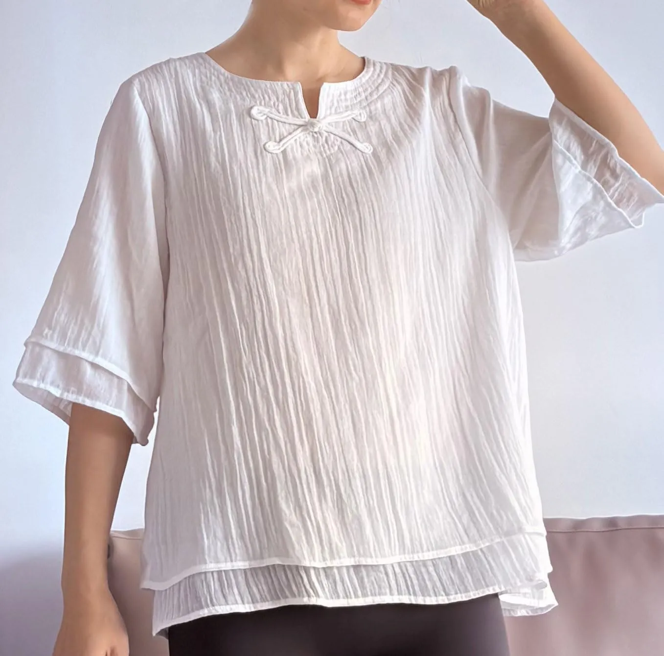 Minibee Women's Cotton Linen Shirts Summer 3/4 Length Sleeve Tops Chinese Frog Casual Blouse
