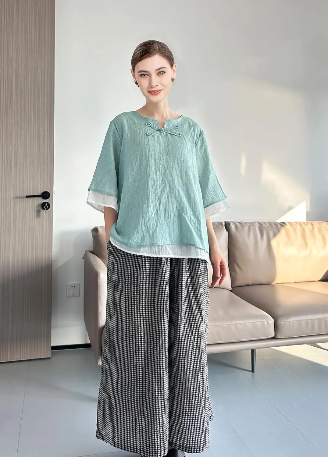 Minibee Women's Cotton Linen Shirts Summer 3/4 Length Sleeve Tops Chinese Frog Casual Blouse