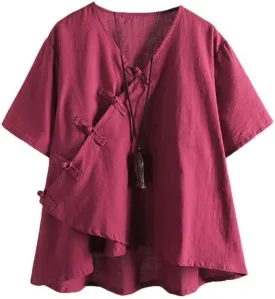 Minibee Women's Linen Retro Chinese Frog Button Tops Blouse
