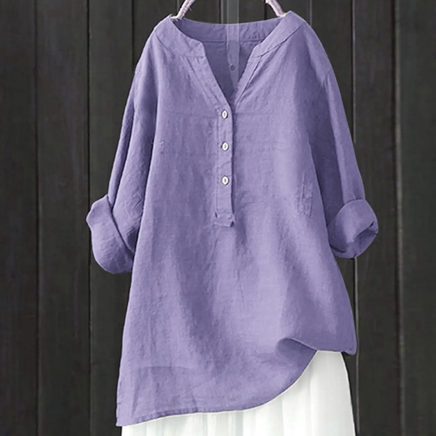 Plus Size Linen Tops for Women V Neck Long Sleeve Button Down Shirts Office Work Blouse Summer Beach Vacation Tunics
