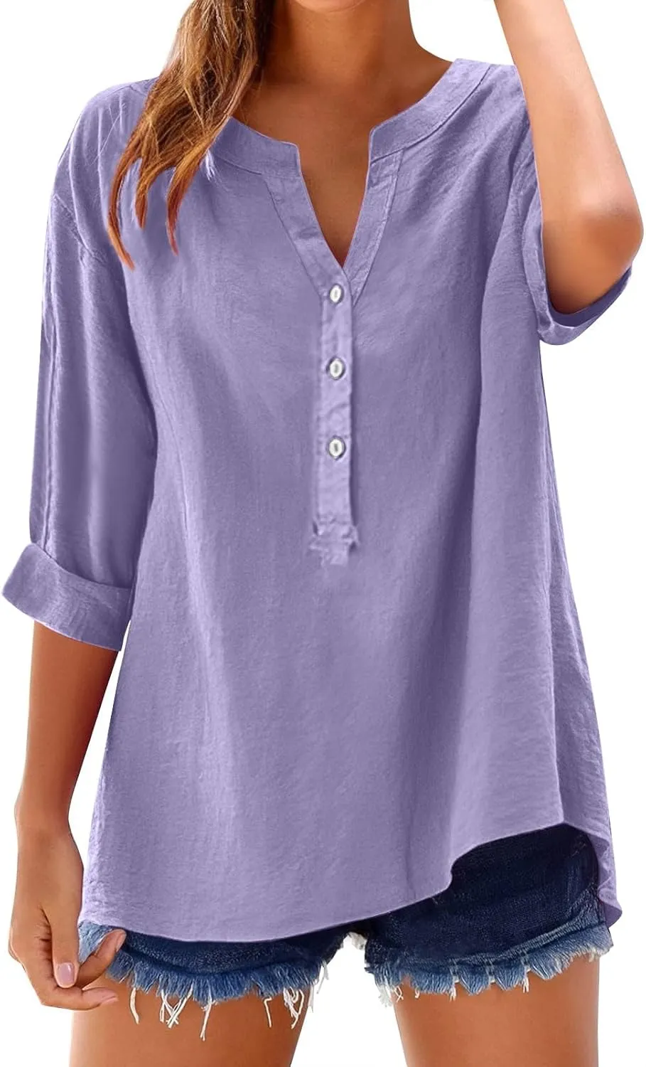 Plus Size Linen Tops for Women V Neck Long Sleeve Button Down Shirts Office Work Blouse Summer Beach Vacation Tunics