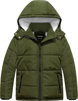 Pursky Boy's Warm Winter Coat Water Resistant Sherpa Outerwear Puffer Jackets With Removable Furry Hood