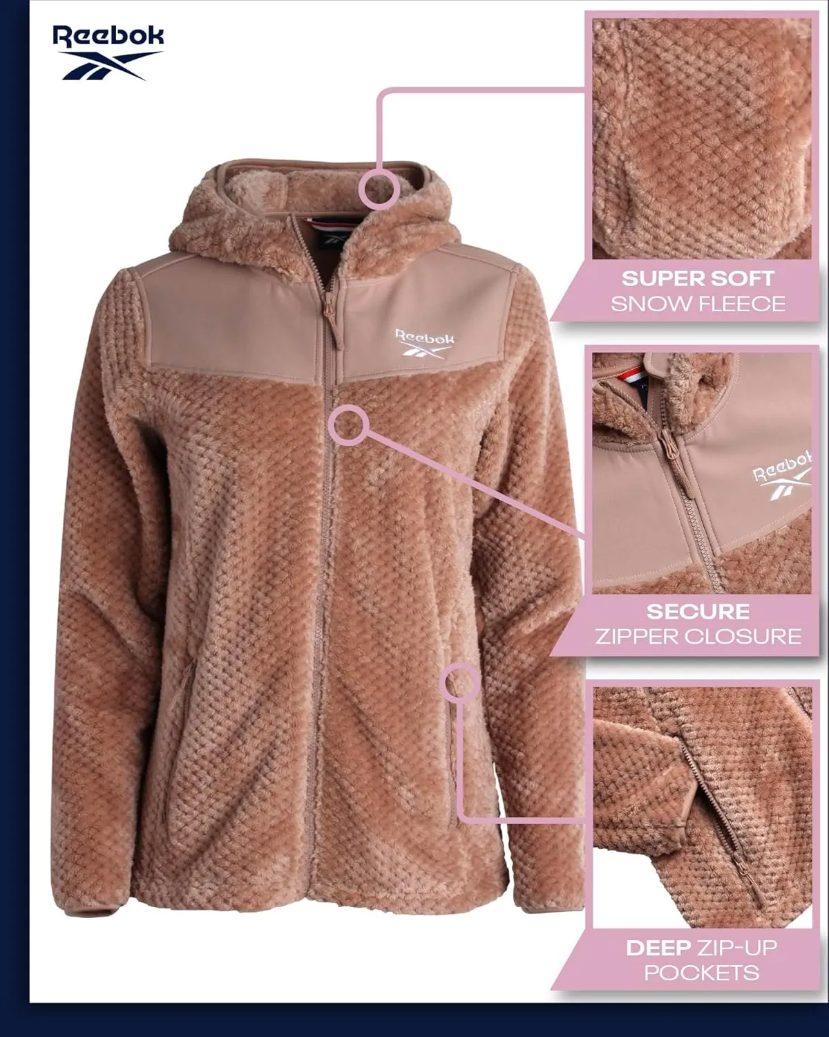 Reebok Women's Fleece Zip Up Jacket - Warm Snow Fleece Winter Jacket with Hood - Insulated Winter Jackets for Women (S-XL)
