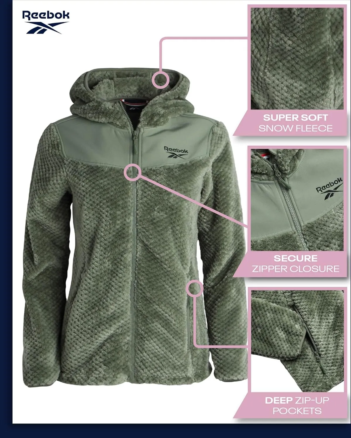 Reebok Women's Fleece Zip Up Jacket - Warm Snow Fleece Winter Jacket with Hood - Insulated Winter Jackets for Women (S-XL)