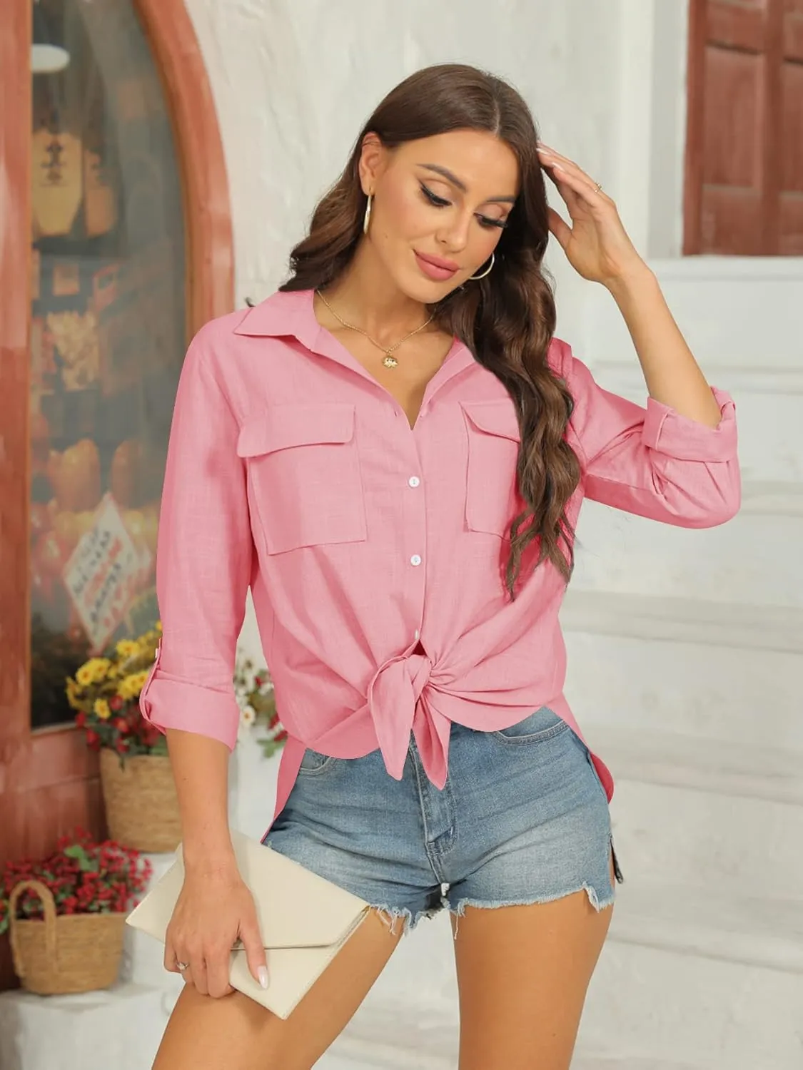 Runcati Womens Button Down Shirt Cotton Linen Long Sleeve V Neck Dress Shirts Casual Loose Roll Up Work Blouse Tops