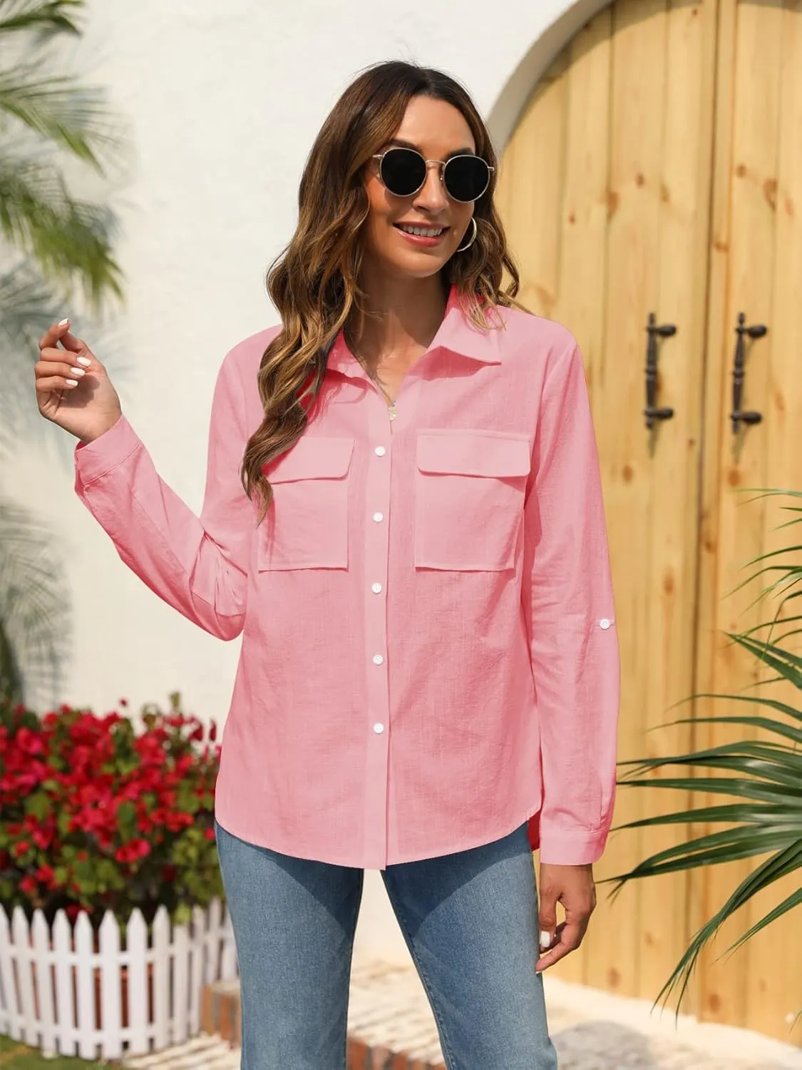 Runcati Womens Button Down Shirt Cotton Linen Long Sleeve V Neck Dress Shirts Casual Loose Roll Up Work Blouse Tops