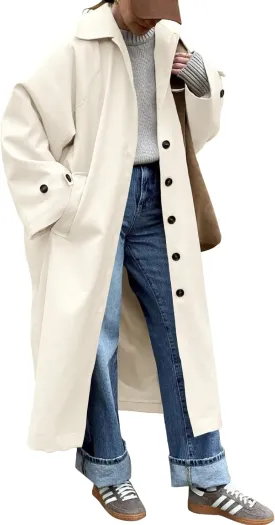 Tankaneo Womens Long Trench Coat Single Breasted Oversized Windproof Classic Lapel Fall Overcoat