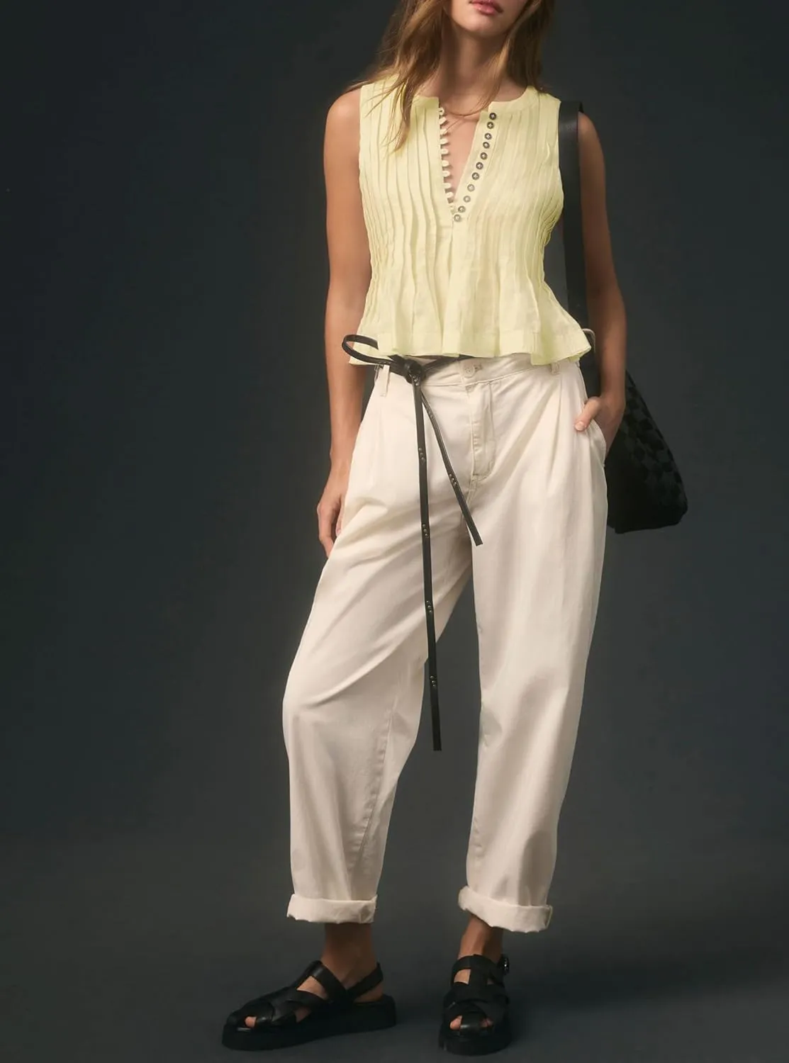 Women Cotton Linen Babydoll Tank Tops Sleeveless Round Neck Button Up Ruffle Hem Pleated Peplum Blouse Y2K Shirt
