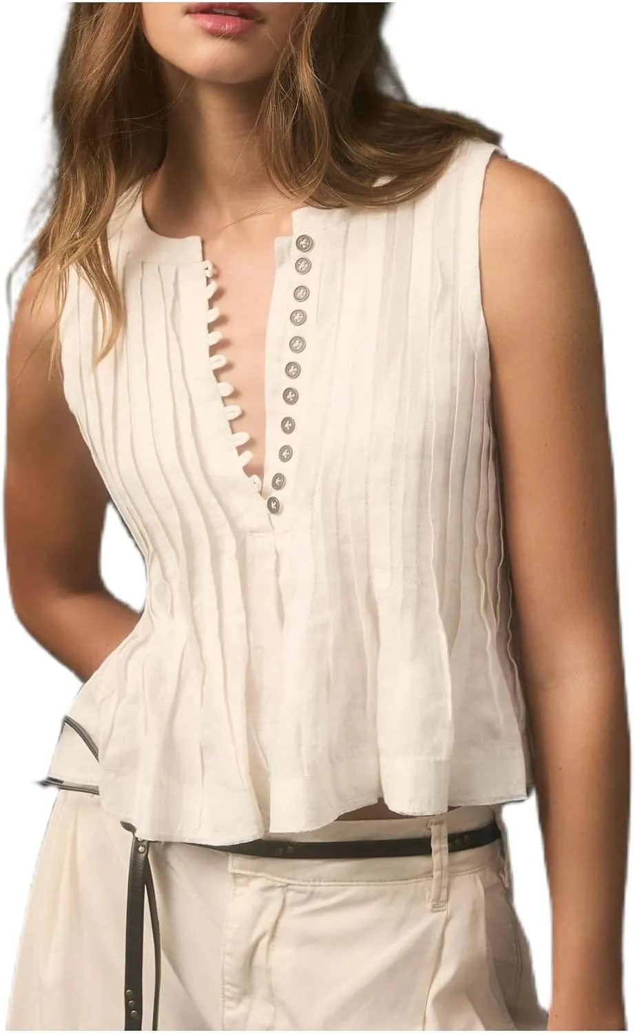 Women Cotton Linen Babydoll Tank Tops Sleeveless Round Neck Button Up Ruffle Hem Pleated Peplum Blouse Y2K Shirt
