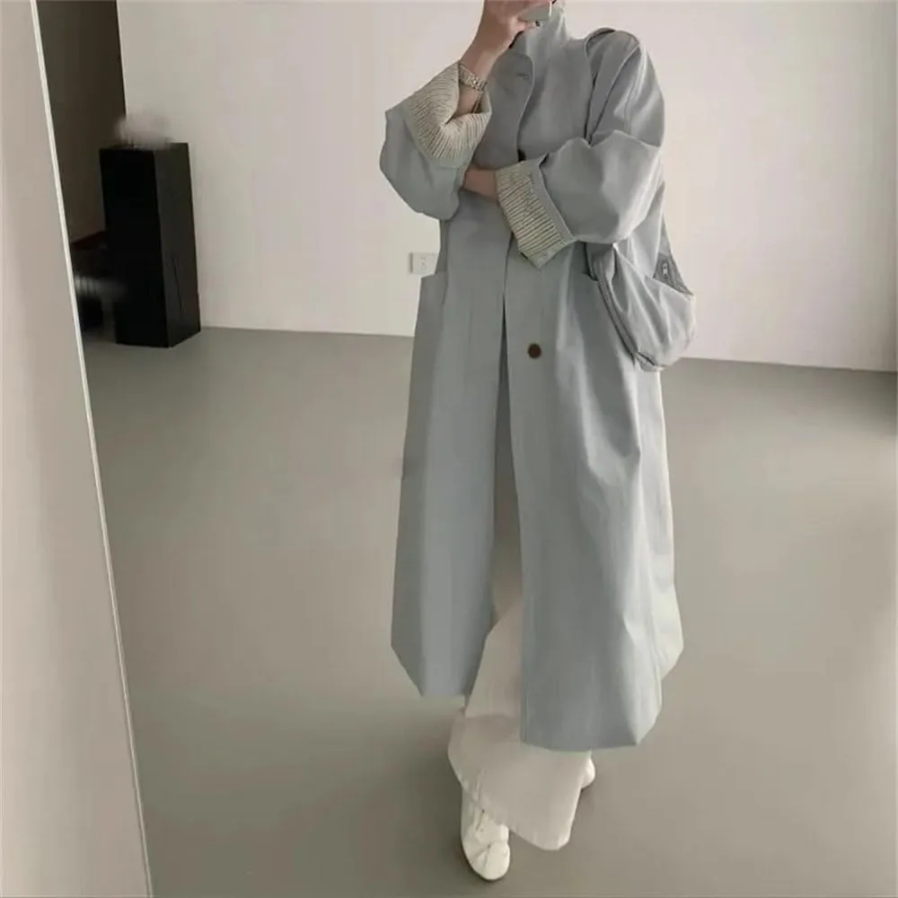 Women Long Trench Coat Fall Loose Splicing Midi Coat Single Breasted Turtleneck Casual Trenchcoats
