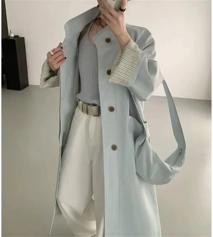 Women Long Trench Coat Fall Loose Splicing Midi Coat Single Breasted Turtleneck Casual Trenchcoats