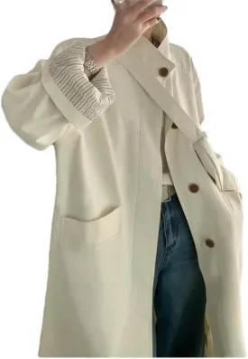 Women Long Trench Coat Fall Loose Splicing Midi Coat Single Breasted Turtleneck Casual Trenchcoats