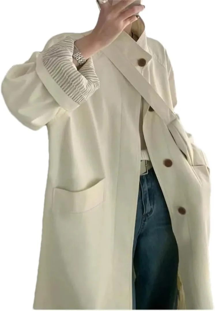 Women Long Trench Coat Fall Loose Splicing Midi Coat Single Breasted Turtleneck Casual Trenchcoats