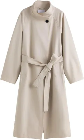 Women Stand Collar Loose Trench Coat Solid Single Breasted Lace-Up Midi Fall Coat