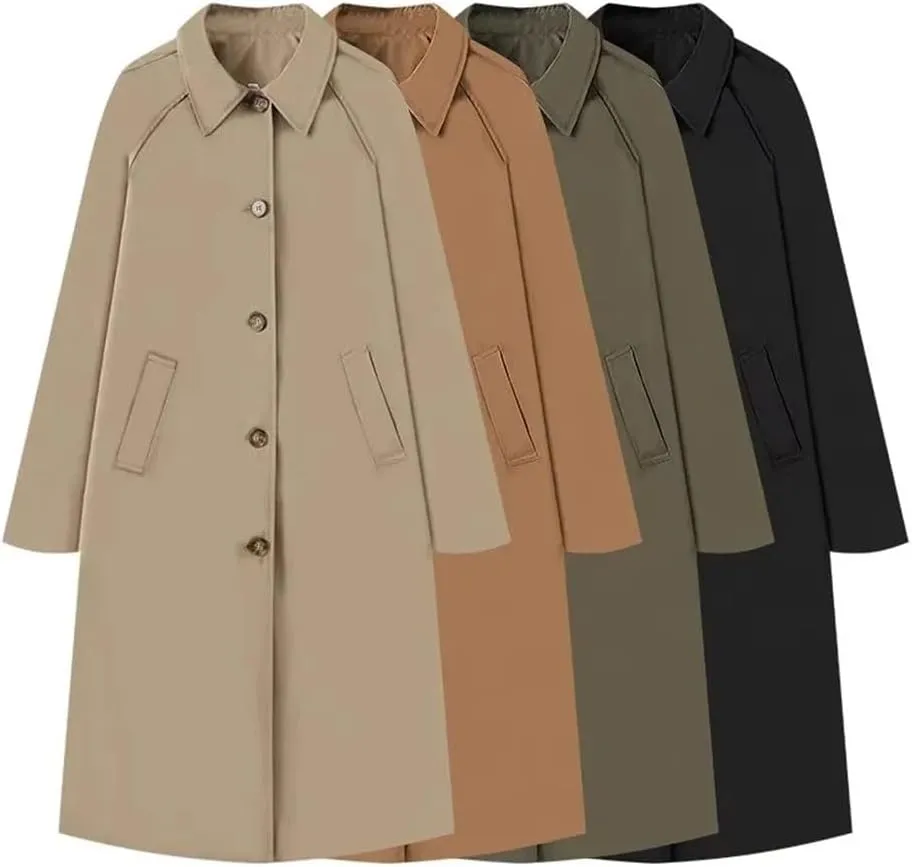 Women Thick Straight Long Trench Coat Retro Loose Single-Breasted Coat Lapel High Street Jacket