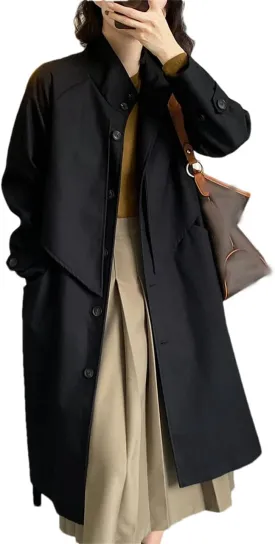 Women Trench Coat Lapel Loose Single Breasted Long Sleev Sashes Back Spliced Fall Midi Jacket