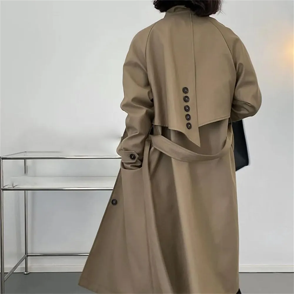 Women Trench Coat Lapel Loose Single Breasted Long Sleev Sashes Back Spliced Fall Midi Jacket