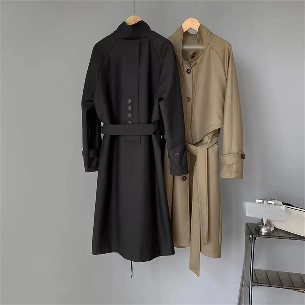 Women Trench Coat Lapel Loose Single Breasted Long Sleev Sashes Back Spliced Fall Midi Jacket