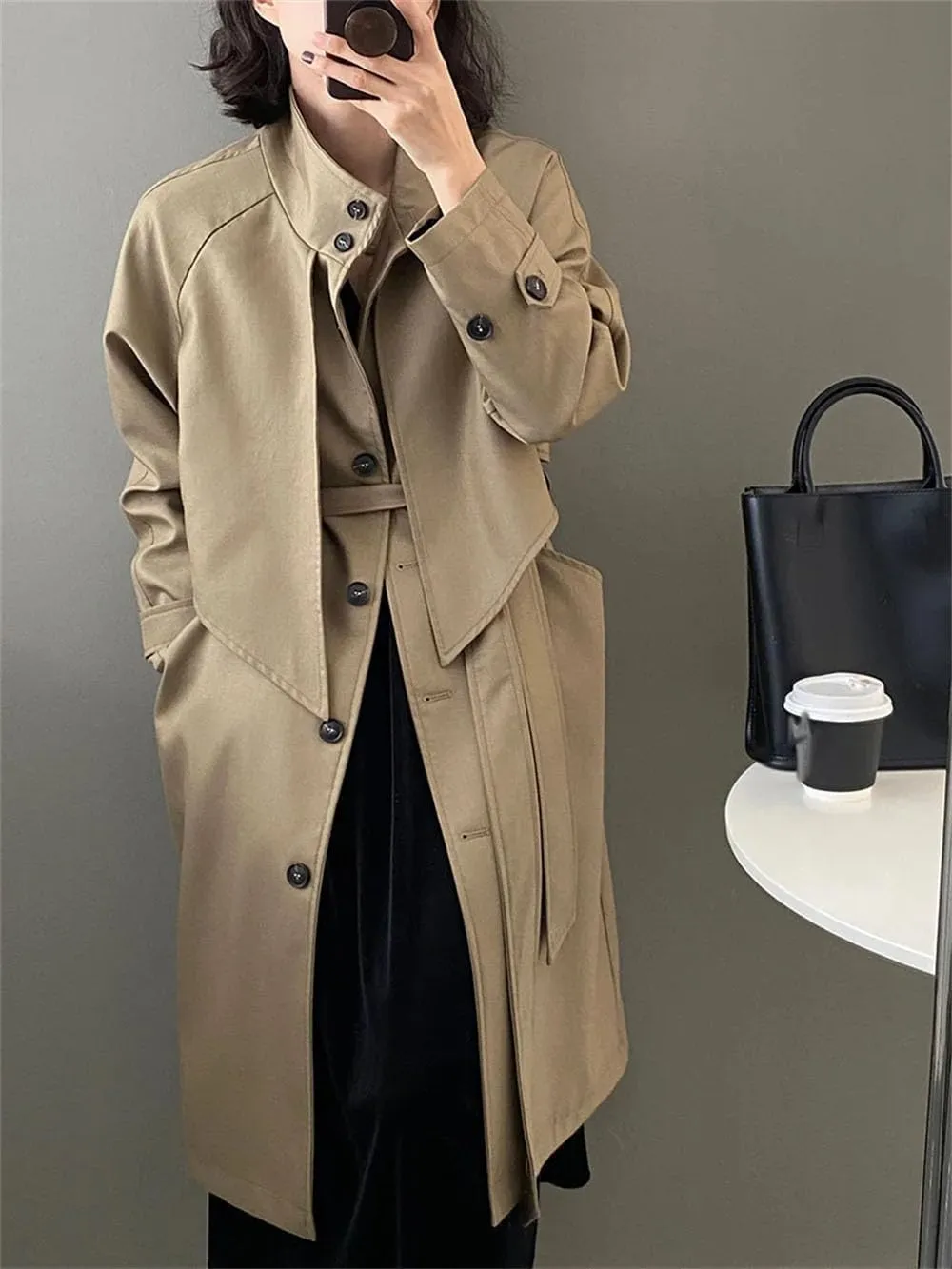 Women Trench Coat Lapel Loose Single Breasted Long Sleev Sashes Back Spliced Fall Midi Jacket