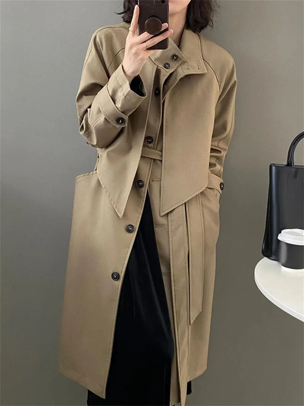 Women Trench Coat Lapel Loose Single Breasted Long Sleev Sashes Back Spliced Fall Midi Jacket