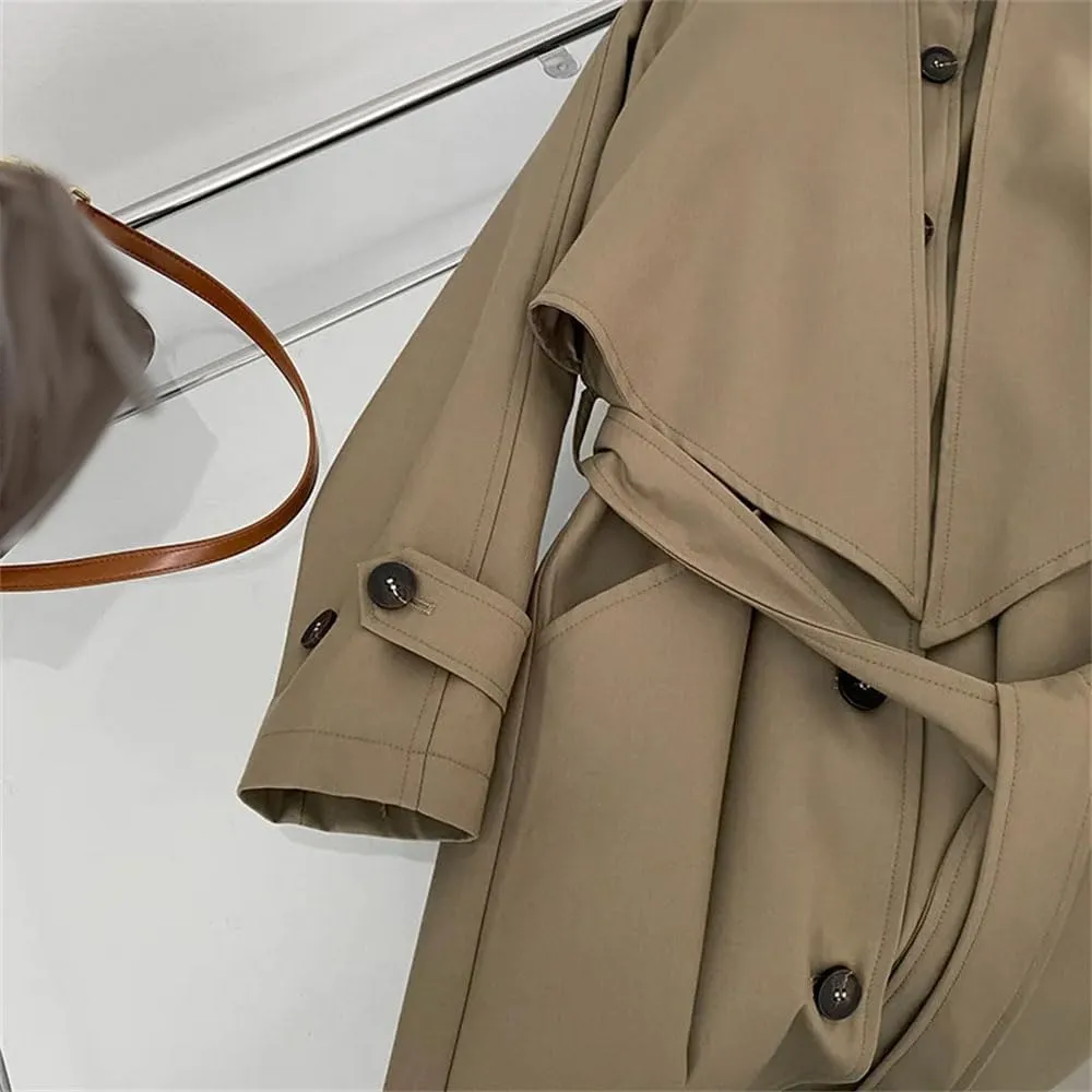 Women Trench Coat Lapel Loose Single Breasted Long Sleev Sashes Back Spliced Fall Midi Jacket