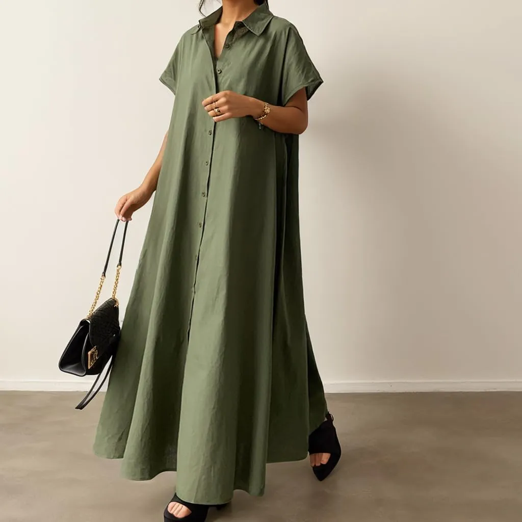 Womens Cotton and Linen Shirt Dress Casual Loose Blouse Dresses Plus Size Long Dress Solid Color Maxi Dresses