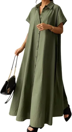 Womens Cotton and Linen Shirt Dress Casual Loose Blouse Dresses Plus Size Long Dress Solid Color Maxi Dresses