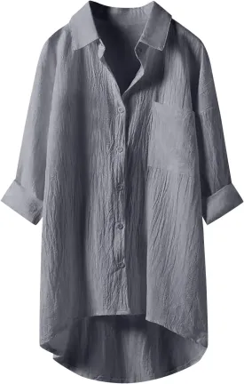 Womens Cotton Linen Button Down Flowy Shirts Long Sleeve V Neck Elegant High Low Loose Tops Plain Oversize Blouse