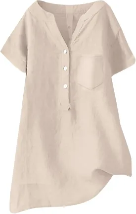 Womens Cotton Linen Button Down Shirts Summer Dressy Blouse Long Sleeve V Neck Loose Gauze Tops Casual Tunic T-Shirts