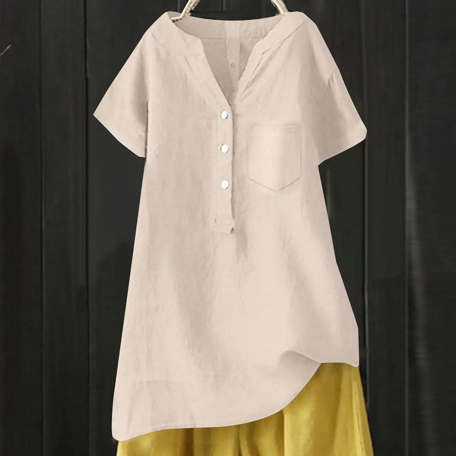 Womens Cotton Linen Button Down Shirts Summer Dressy Blouse Long Sleeve V Neck Loose Gauze Tops Casual Tunic T-Shirts