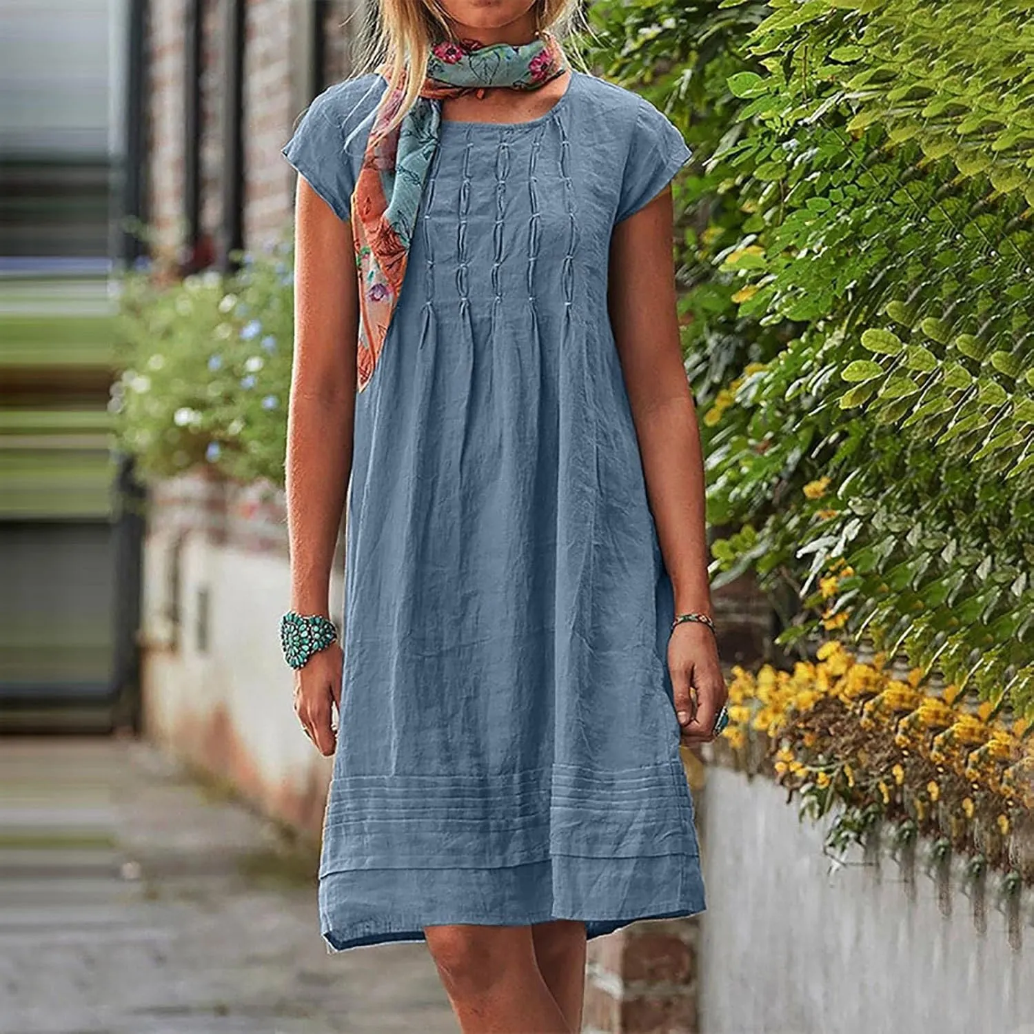 Women's Cotton Linen Midi Dress Plus Size Cap Sleeve Pleated Summer Dresses Vacation 2025 Crew Neck Casual Dress