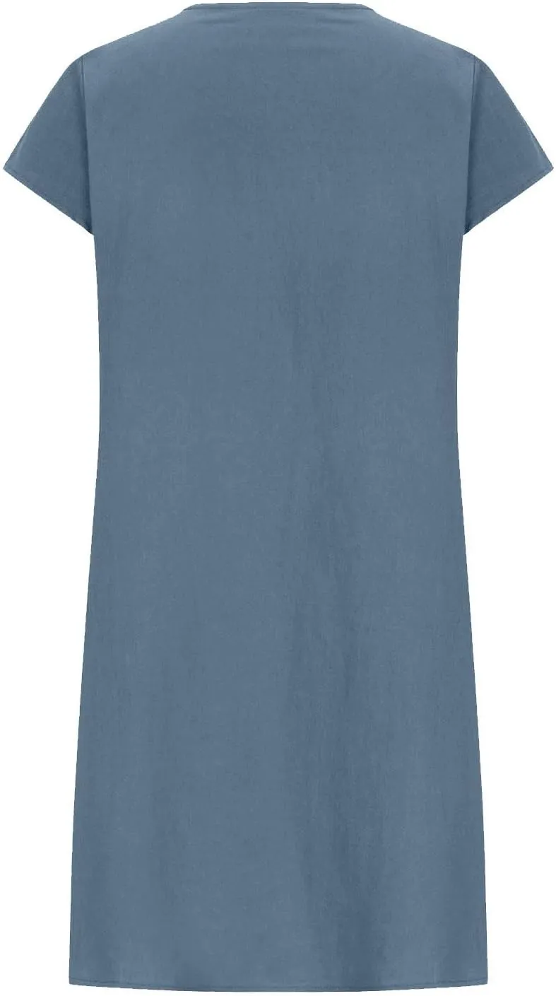 Women's Cotton Linen Midi Dress Plus Size Cap Sleeve Pleated Summer Dresses Vacation 2025 Crew Neck Casual Dress