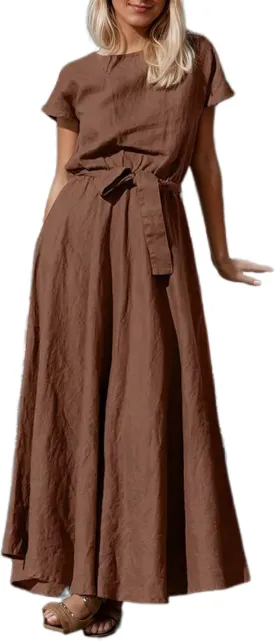 Womens Cotton Linen Shirt Dress Summer Casual Crewneck Short Sleeve Belted Maxi Blouse Dress with Pockets
