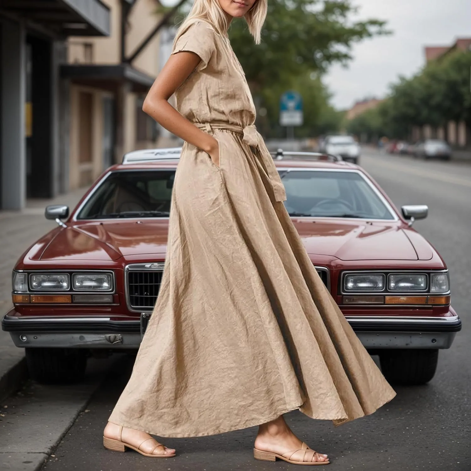 Womens Cotton Linen Shirt Dress Summer Casual Crewneck Short Sleeve Belted Maxi Blouse Dress with Pockets