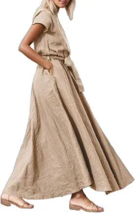 Womens Cotton Linen Shirt Dress Summer Casual Crewneck Short Sleeve Belted Maxi Blouse Dress with Pockets