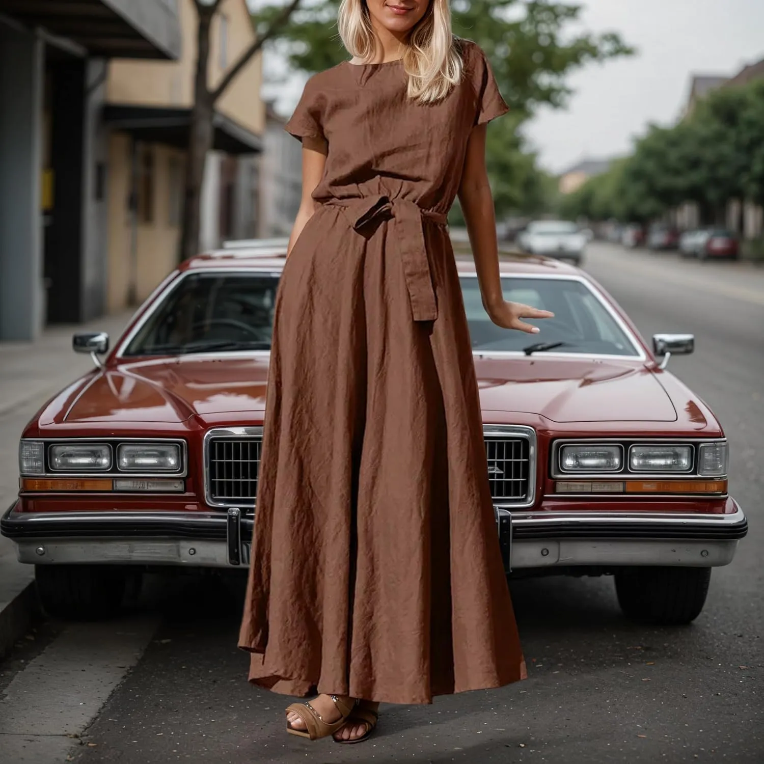 Womens Cotton Linen Shirt Dress Summer Casual Crewneck Short Sleeve Belted Maxi Blouse Dress with Pockets