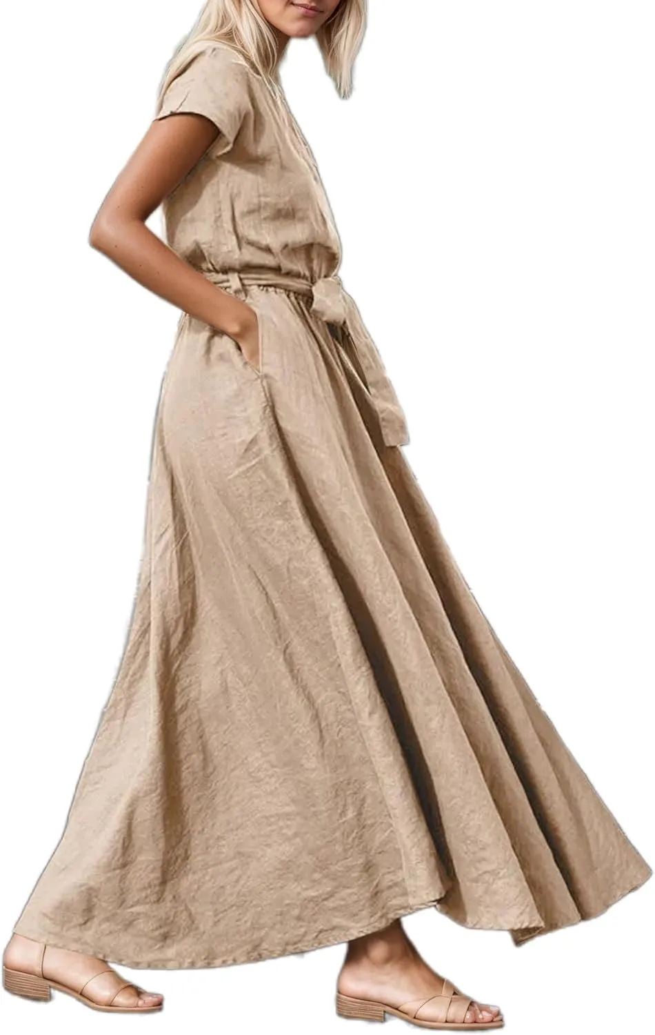 Womens Cotton Linen Shirt Dress Summer Casual Crewneck Short Sleeve Belted Maxi Blouse Dress with Pockets