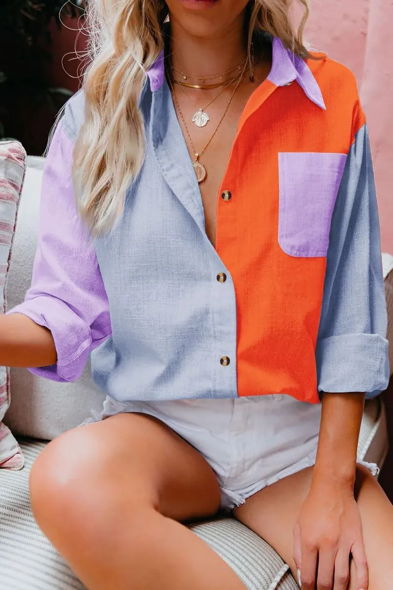 Women's Cotton Linen V Neck Button Down Shirt Long/Roll Up Sleeve Casual Collared Work Blouse Top