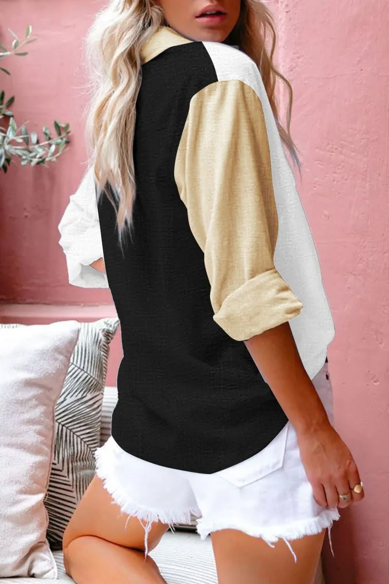 Women's Cotton Linen V Neck Button Down Shirt Long/Roll Up Sleeve Casual Collared Work Blouse Top