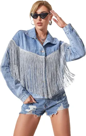 Womens Crop Denim Jacket Tassel Casual Jean Coat With Fringe