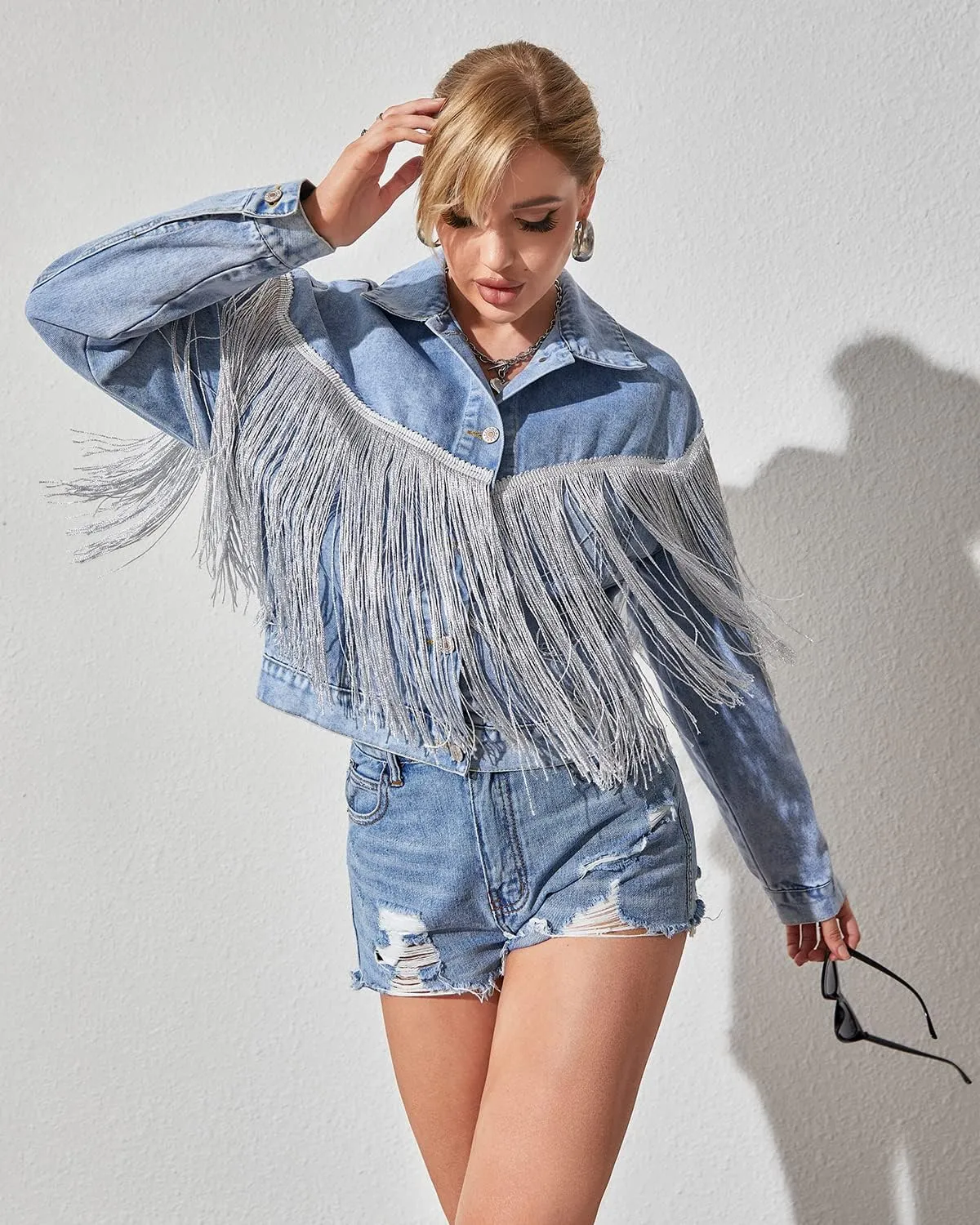 Womens Crop Denim Jacket Tassel Casual Jean Coat With Fringe