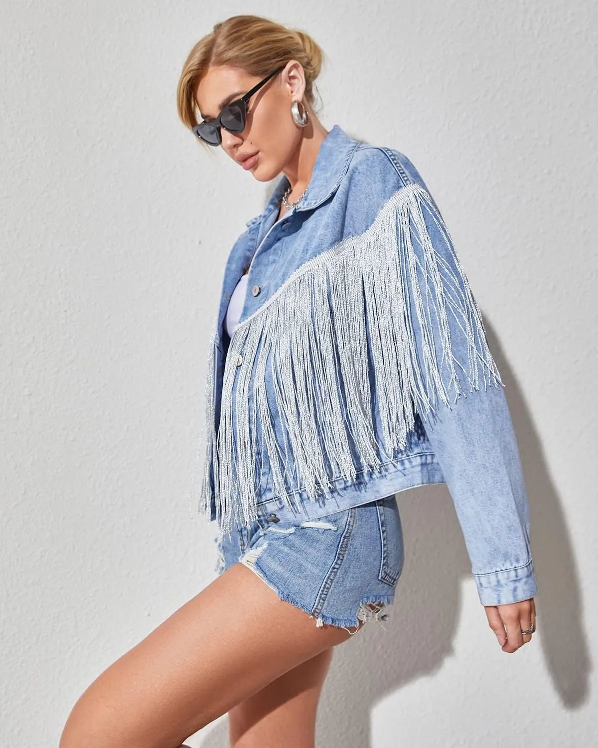 Womens Crop Denim Jacket Tassel Casual Jean Coat With Fringe