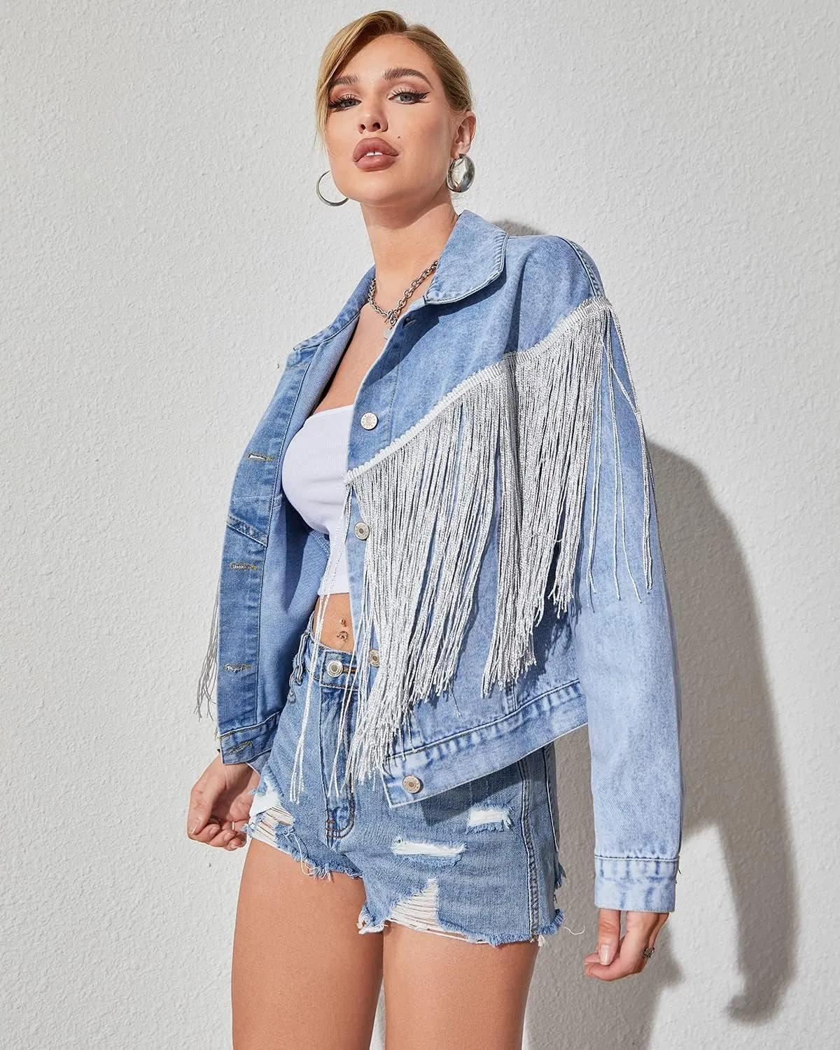 Womens Crop Denim Jacket Tassel Casual Jean Coat With Fringe