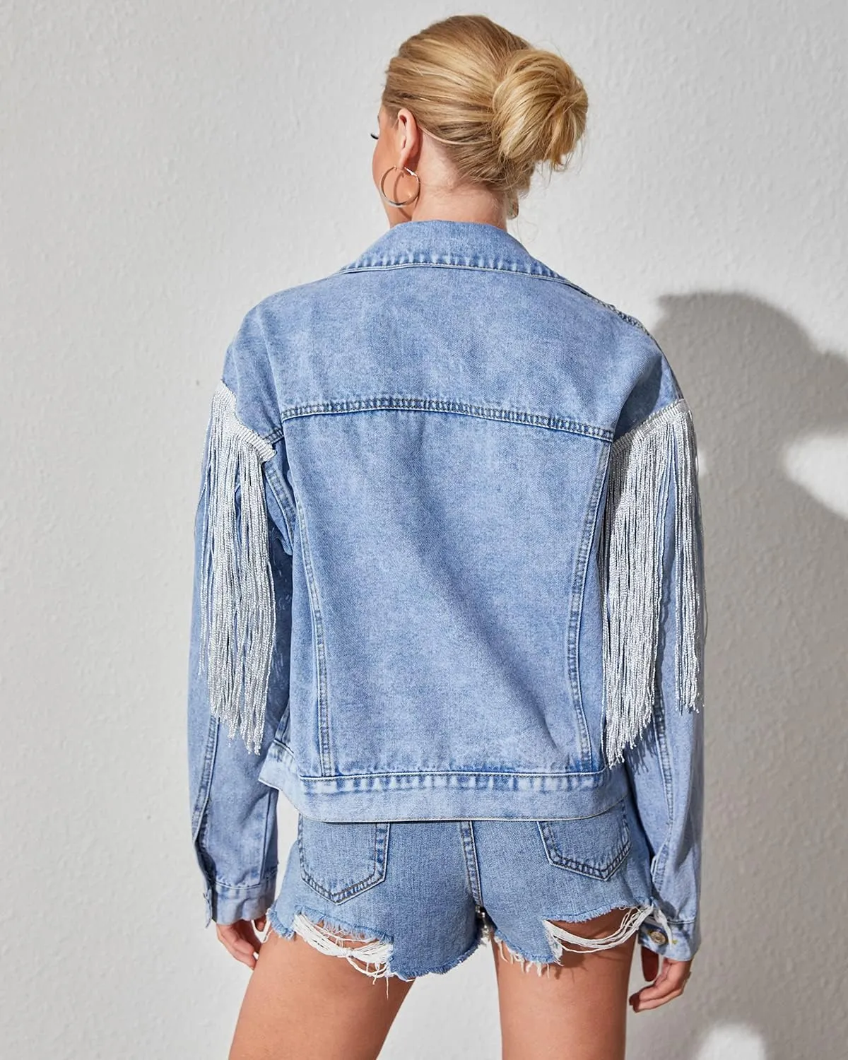 Womens Crop Denim Jacket Tassel Casual Jean Coat With Fringe