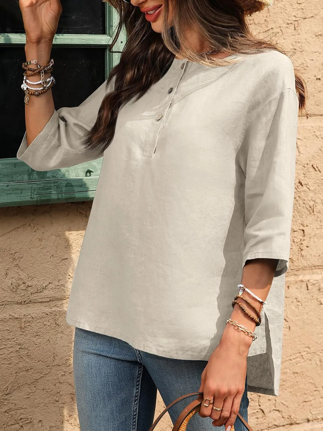 Women's Linen Henley Shirts 100% Linen Elbow Sleeve Crew Neck Slit Hem Tunics Blouse Top