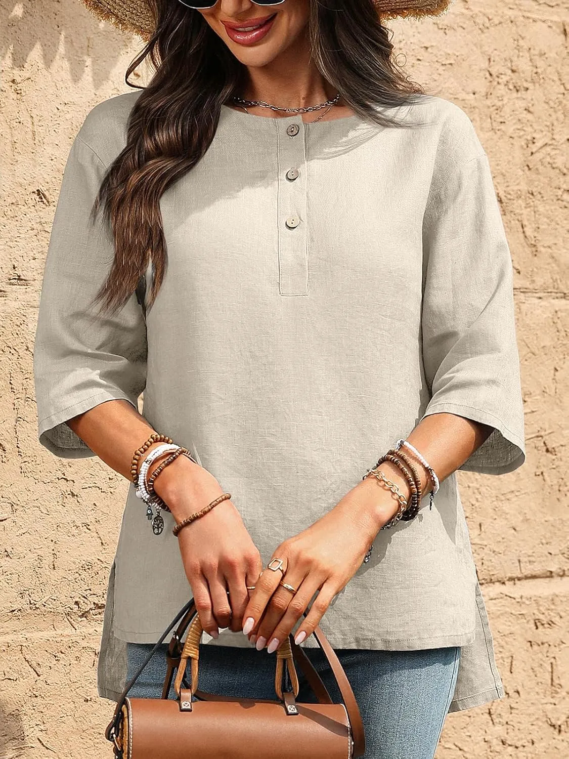 Women's Linen Henley Shirts 100% Linen Elbow Sleeve Crew Neck Slit Hem Tunics Blouse Top
