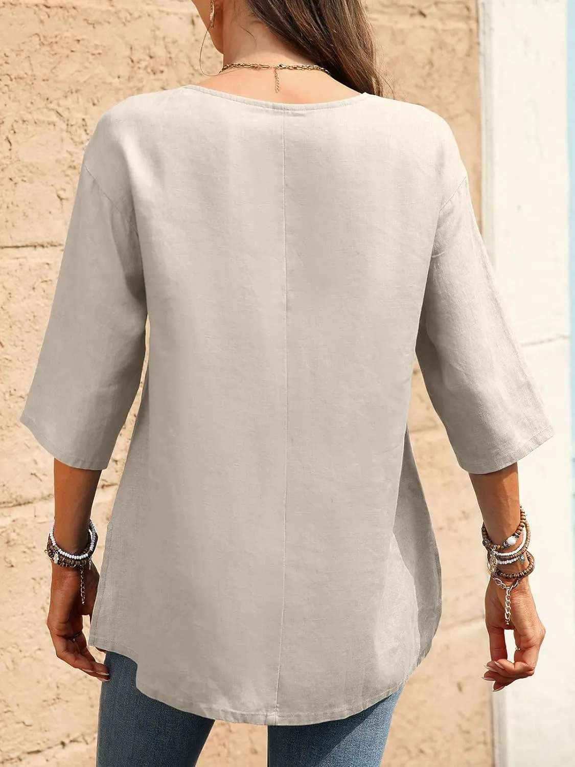 Women's Linen Henley Shirts 100% Linen Elbow Sleeve Crew Neck Slit Hem Tunics Blouse Top